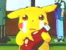 Pikachu is holding a Ketchup and he's crying (it's so cute!v!).  Maybe because that ketchup meant Ash Ketchum to him.